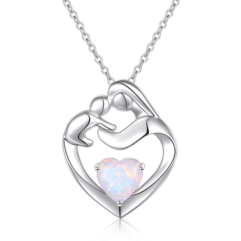 FLYOW Mom Gifts 925 Sterling Silver Mother and Daughter/Son Heart Lab Opal Pendant Necklace Jewelry for Women, Adjustable Silver Chain 18+2 Inches (Silver) - Image 1